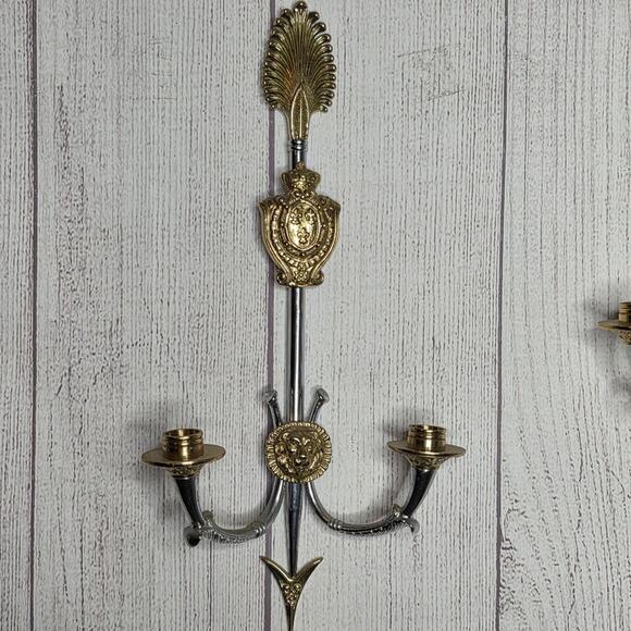 Pair of VTG Reproduction Neoclassical Empire Brass/Chrome 2 Arm Candle Holders - Picture 3 of 16